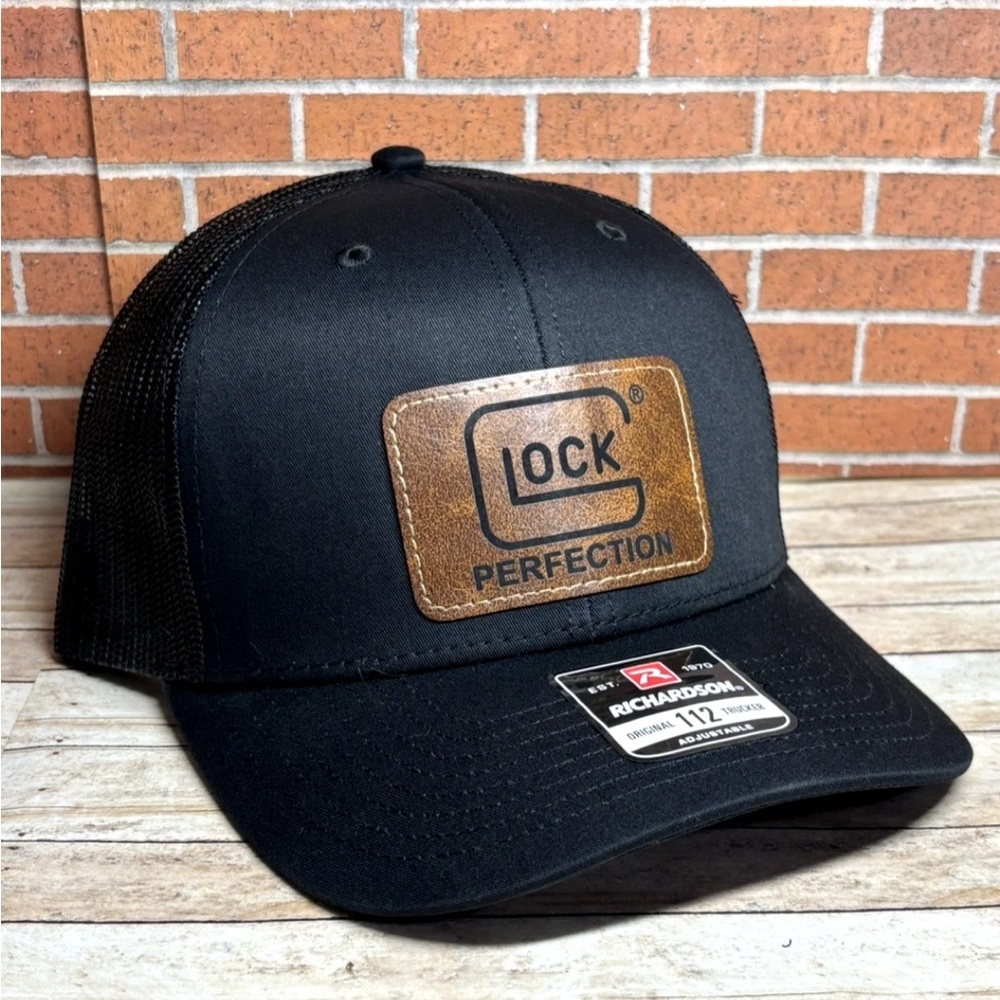 Richardson 112 Glock Leatherette Patch Trucker Hat, Gun Glock Hat, Black
